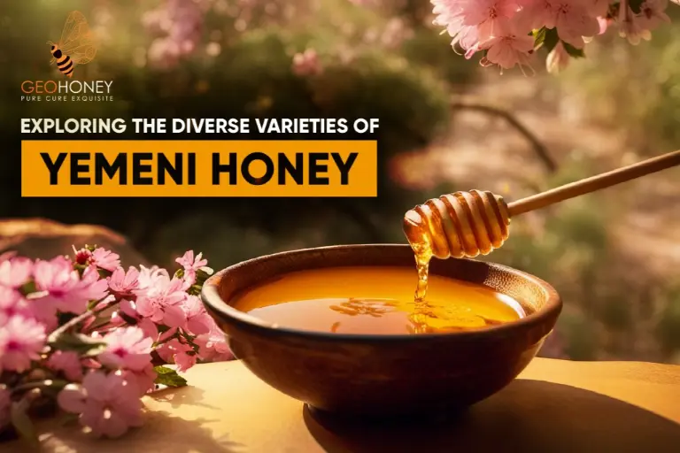 Image of a jar of Yemeni honey surrounded by blossoming Sidr trees, representing the diverse varieties and Yemeni honey production.